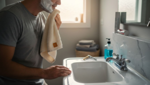 Man finishing post-shave routine at the sink