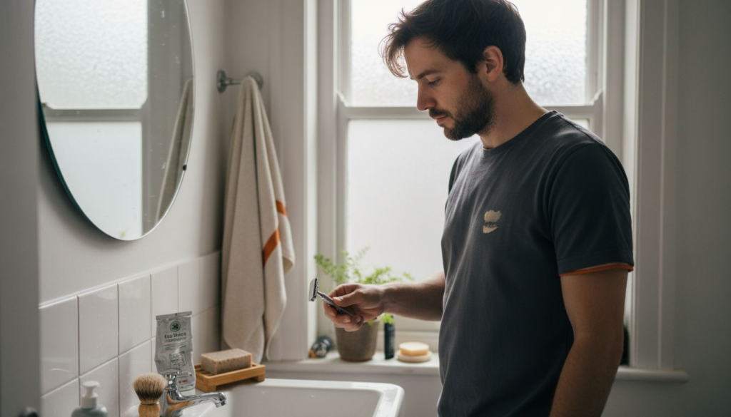 Current image: Man using eco razor in London bathroom