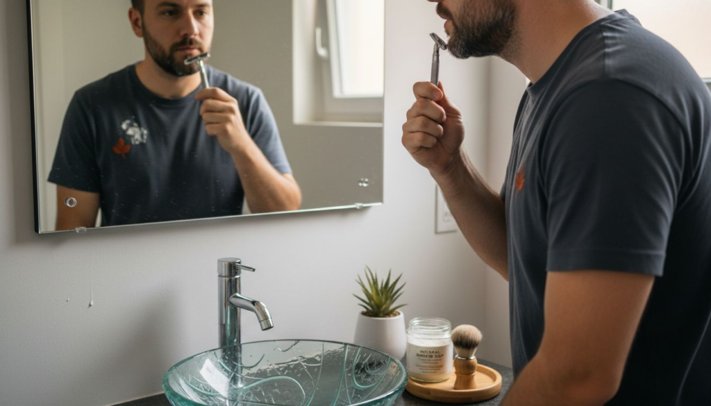 Current image: Man shaving with safety razor in eco-friendly bathroom
