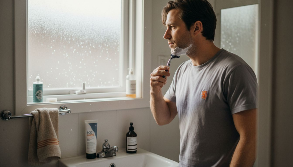 Current image: Man shaving with gentle technique in bathroom