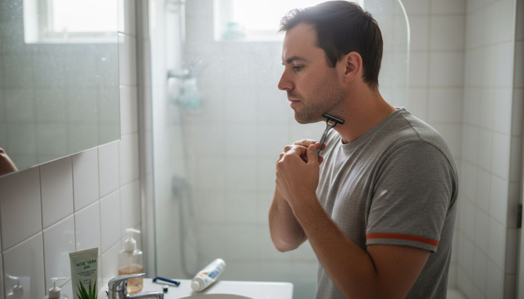 Current image: Man shaving with sensitive skin razor in flat bathroom