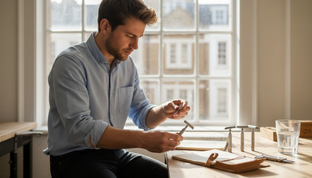 Current image: Designer inspecting razor prototype in studio