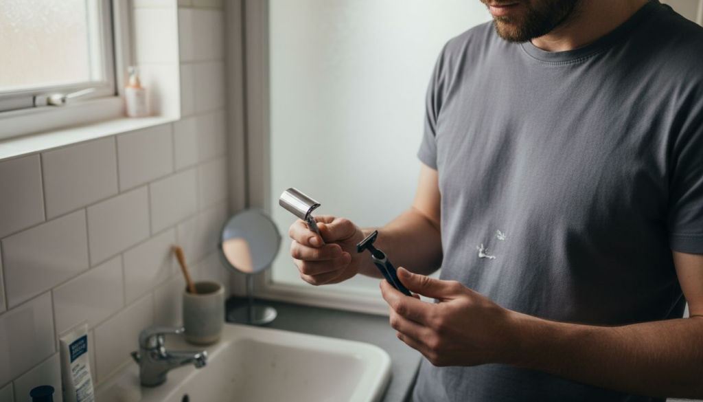Current image: Man comparing safety and cartridge razors at UK sink