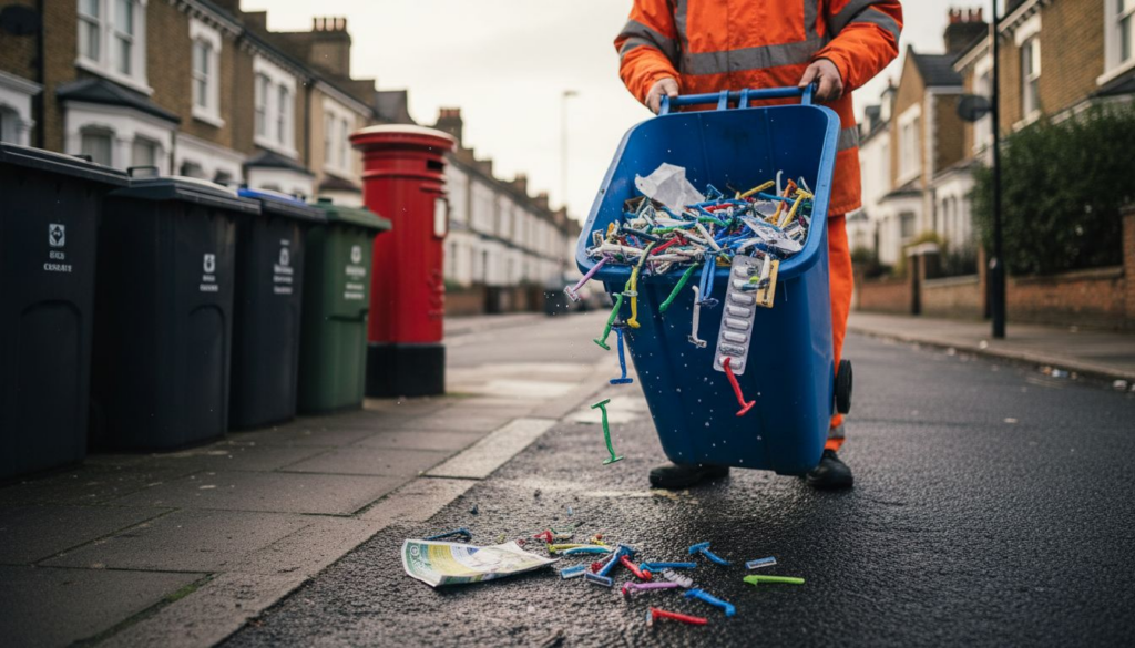 Current image: Overflowing bin with discarded plastic razors