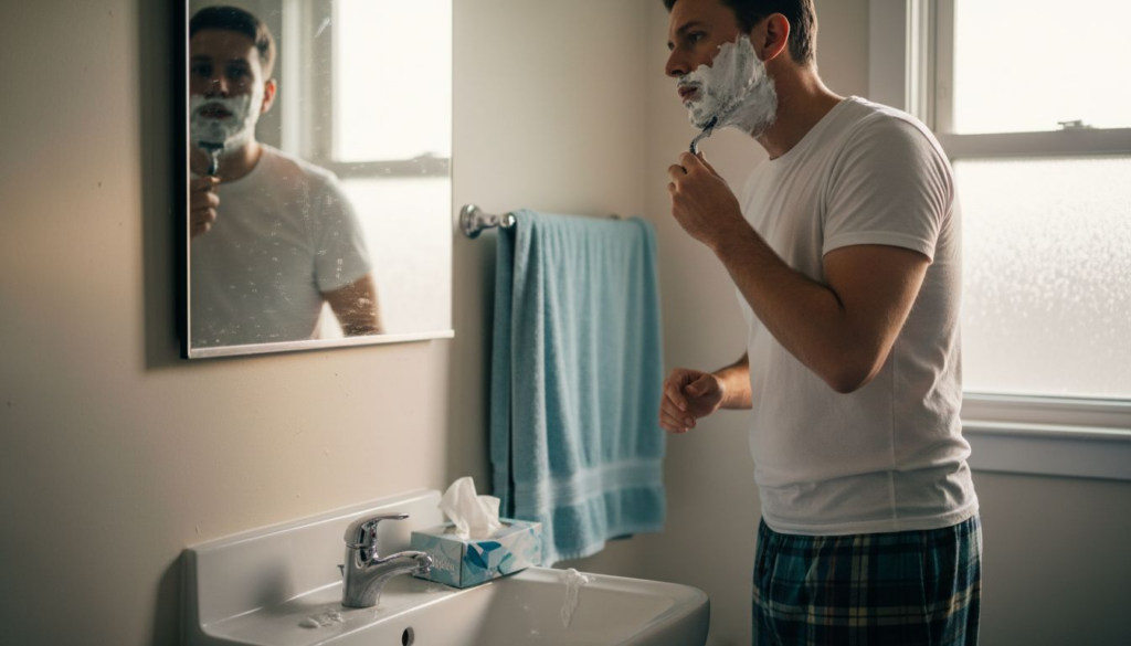 Man shaving with cartridge razor in bathroom