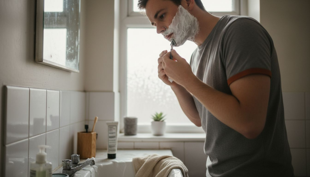 Man shaving sensitive skin at bathroom sink