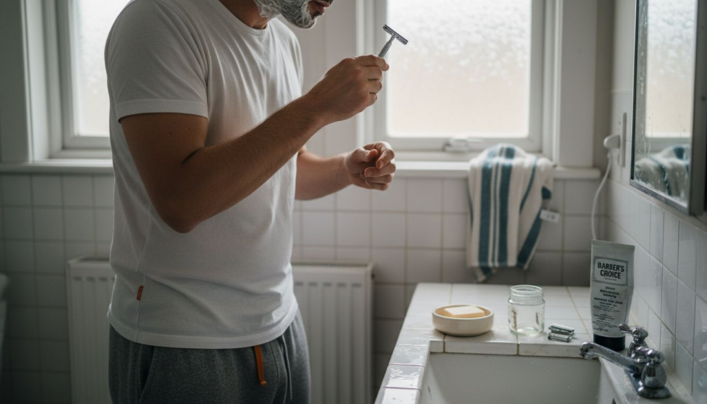 Man shaving with a safety razor in bathroom