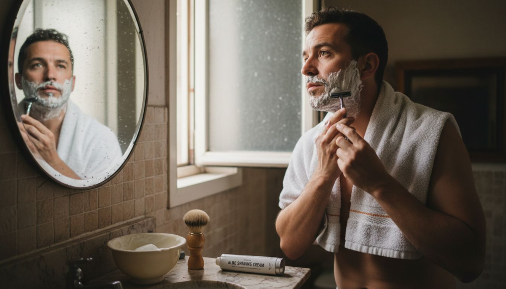 Man shaving gently in a small bathroom