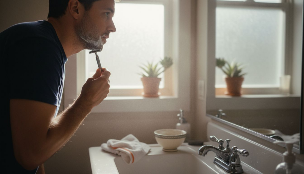 Man gently shaving in a home bathroom