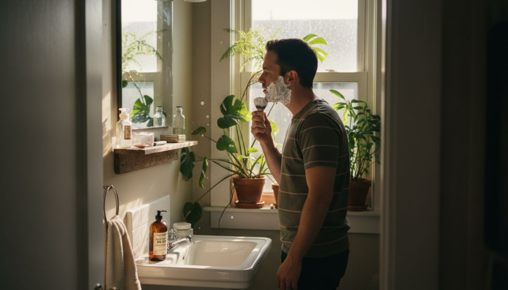Man prepping for eco-friendly shave in sunlit bathroom