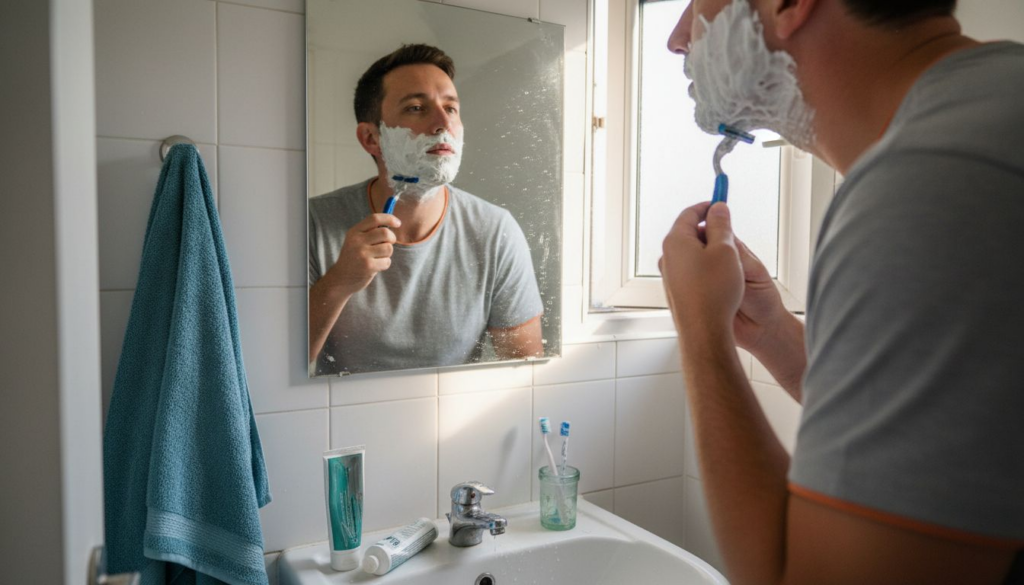 Man shaving with four-blade razor in sunlit bathroom