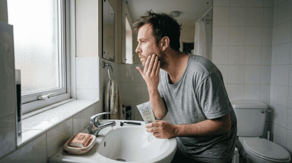 Man preparing to shave with aloe vera gel