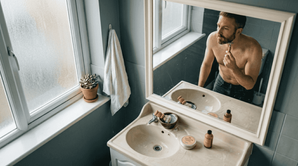 Man preparing eco-friendly shaving set on counter