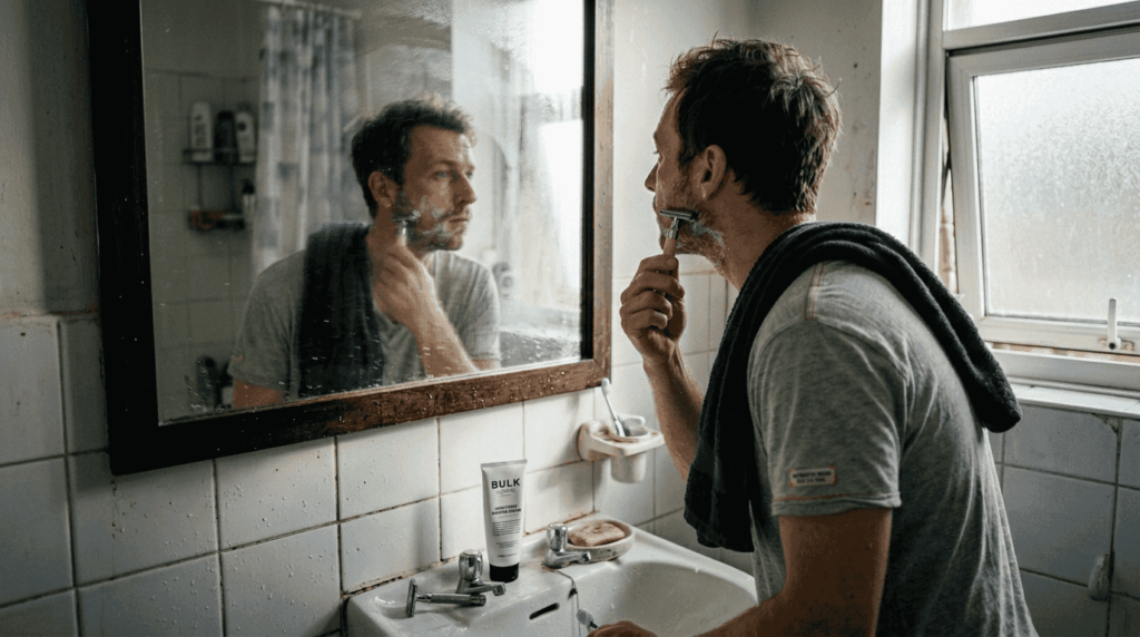 Man shaving with safety razor in bathroom