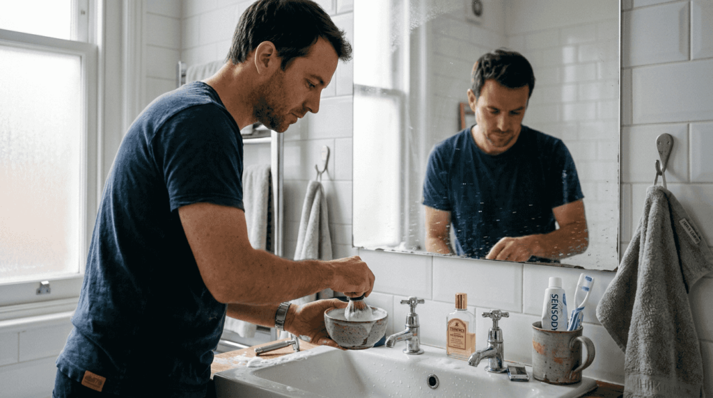 Man preparing lather with shaving brush