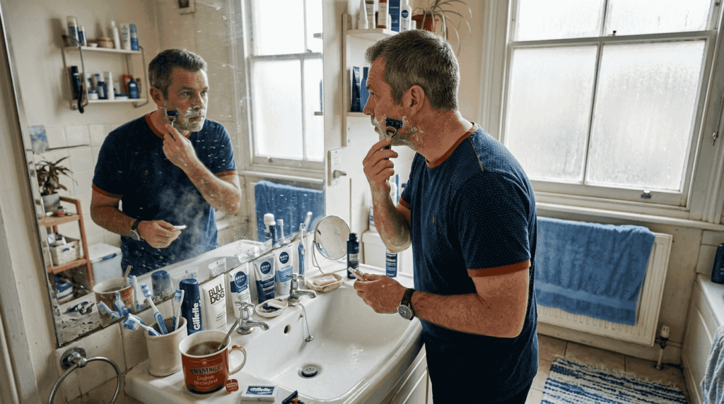 Man shaving with alternative razors in bathroom