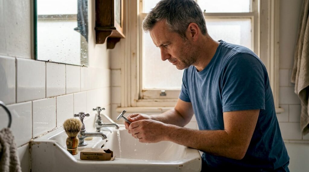 Man rinsing chrome safety razor eco bathroom