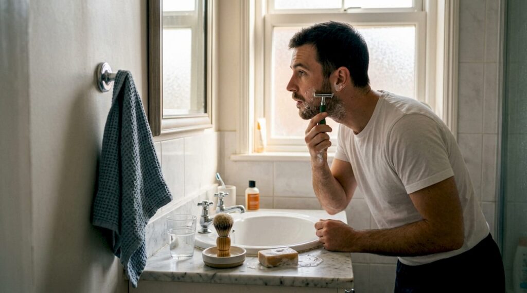 Man shaving with green razor at bathroom sink
