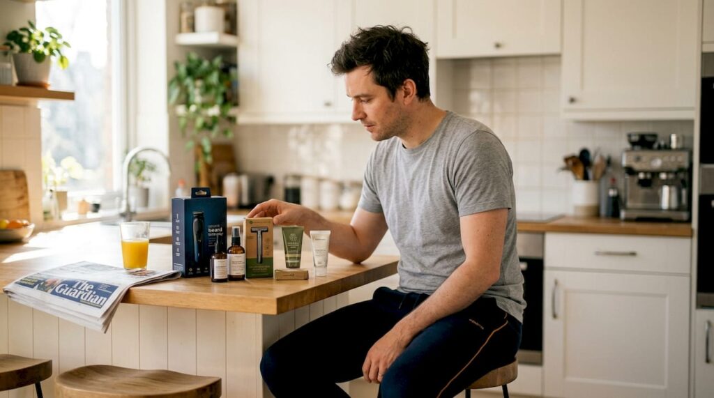 Man compares grooming products in kitchen