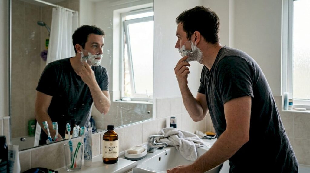 Man gently shaving with vitamin E cream