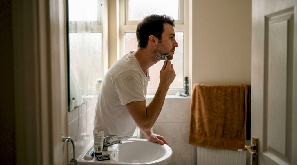 Man carefully shaving in small bathroom